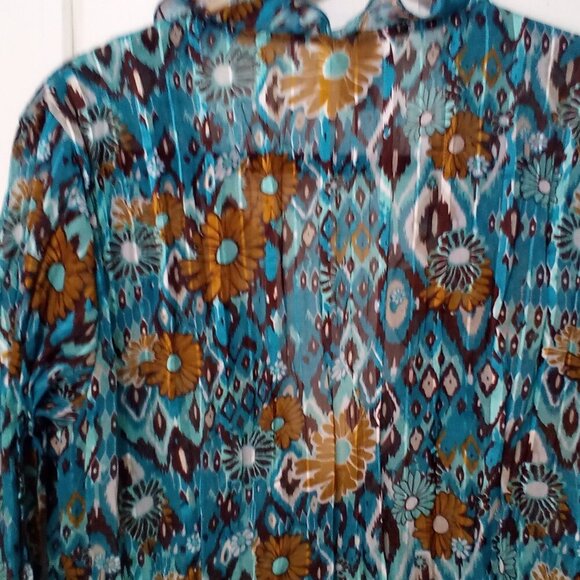 Kim Rogers Blouse Women L 3/4 Sleeve Simi Sheer Ruffle Open Tie Front Teal Brown - Picture 13 of 16